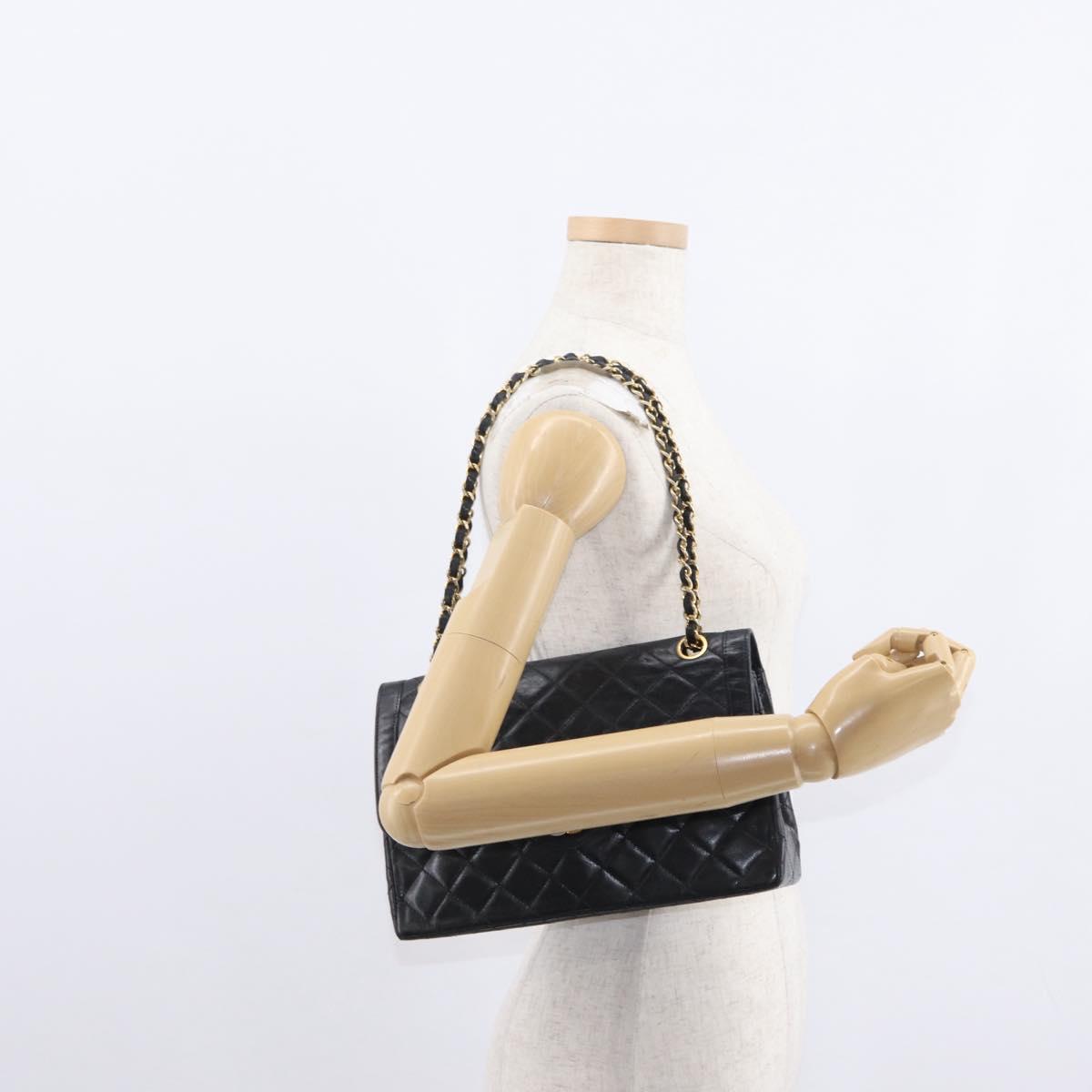 CHANEL Matelasse 25 Double Flap Paris Only Bag Lamb Skin Black CC Auth 156056