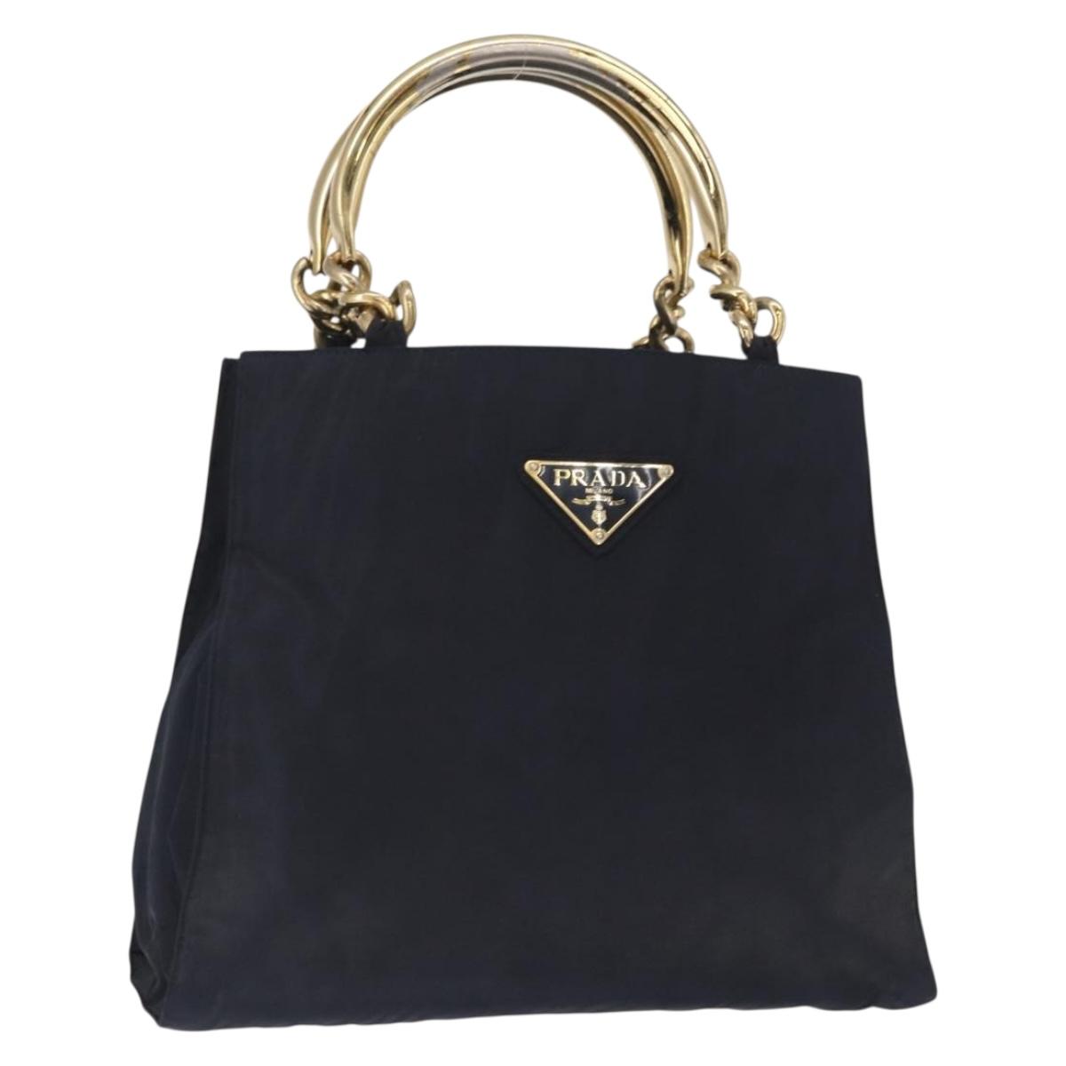 PRADA Hand Bag Nylon Navy Gold Auth 156119