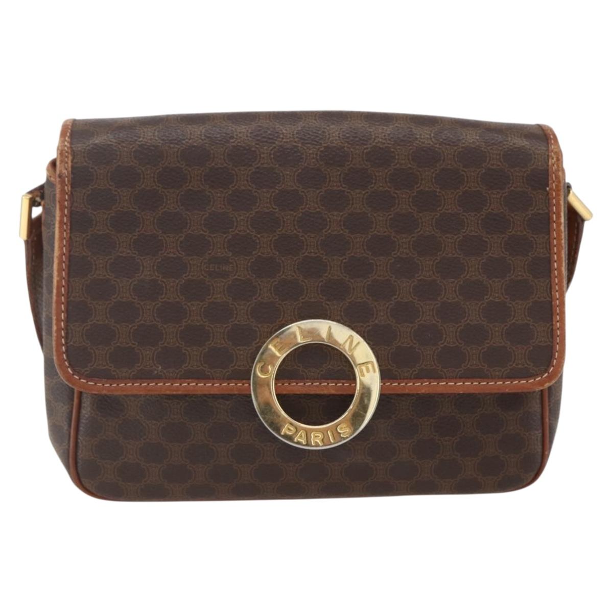 CELINE Macadam Canvas Shoulder Bag PVC Leather Brown Gold Auth 156126
