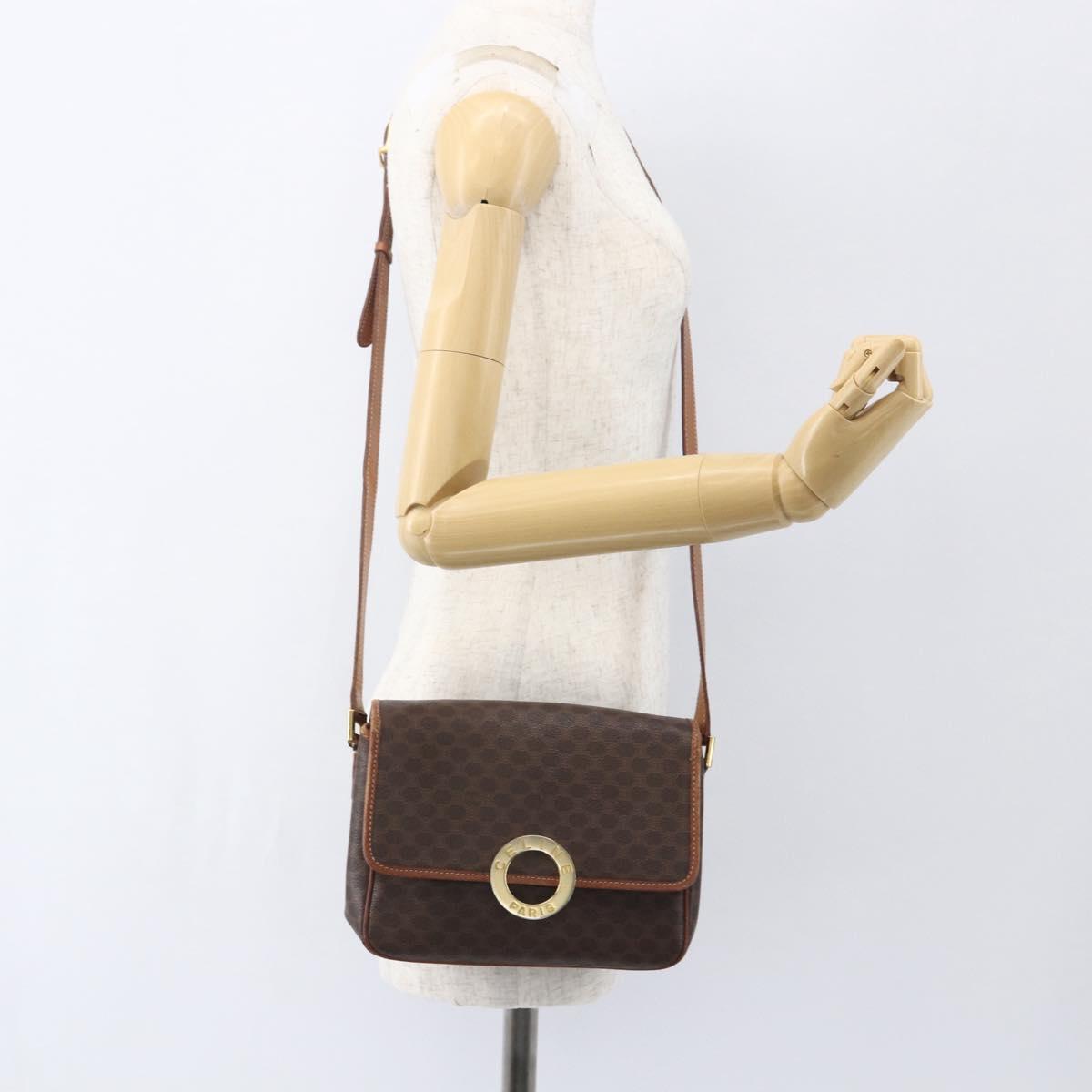 CELINE Macadam Canvas Shoulder Bag PVC Leather Brown Gold Auth 156126