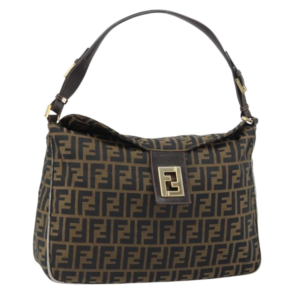 FENDI Zucca Canvas Shoulder Bag Black Brown Auth 156132