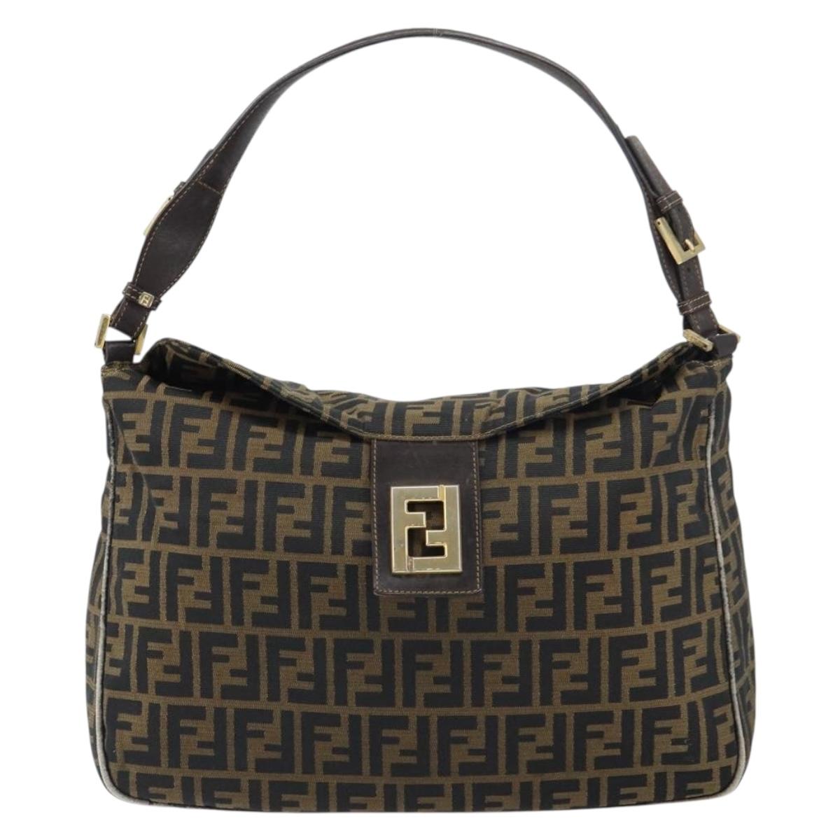 FENDI Zucca Canvas Shoulder Bag Black Brown Auth 156132