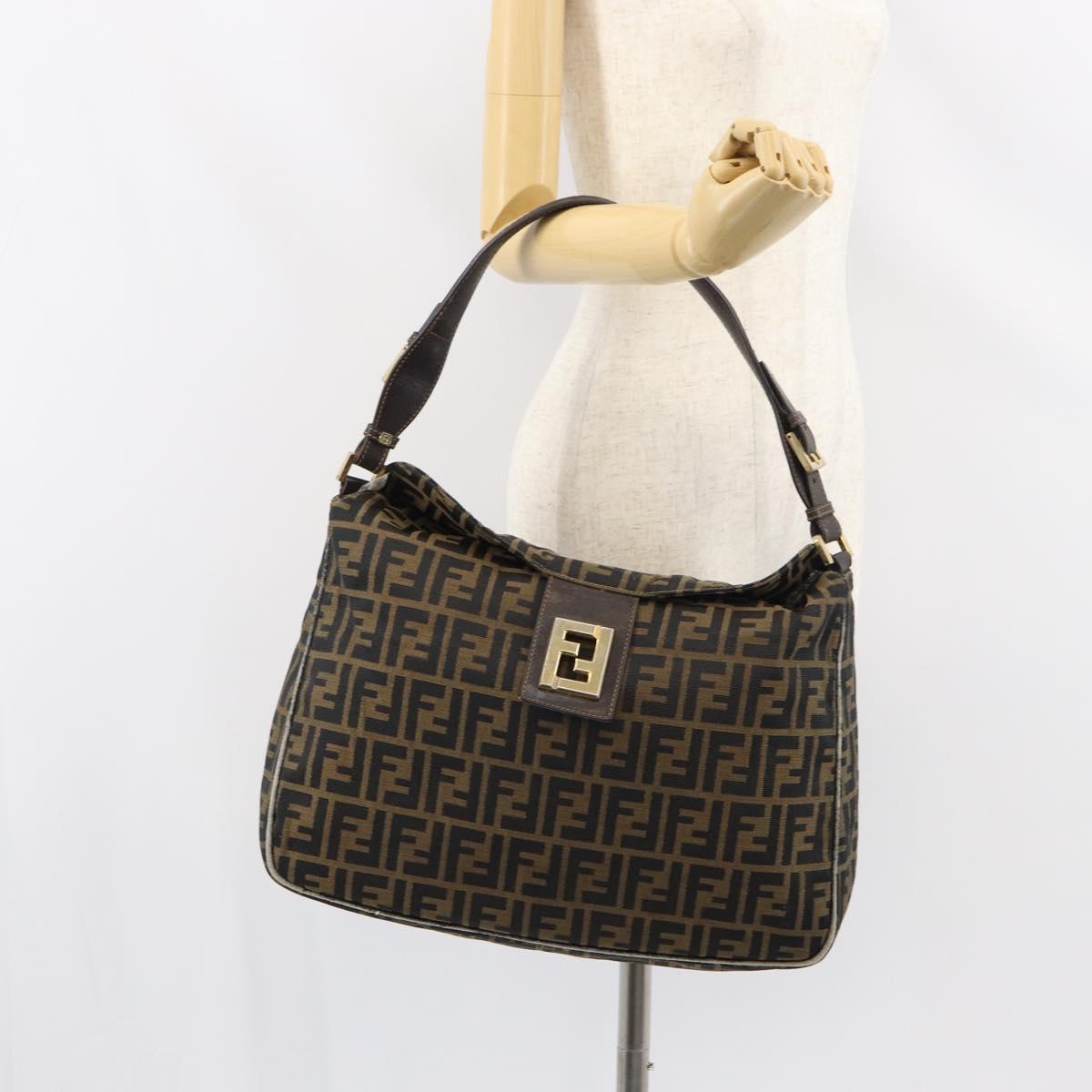 FENDI Zucca Canvas Shoulder Bag Black Brown Auth 156132