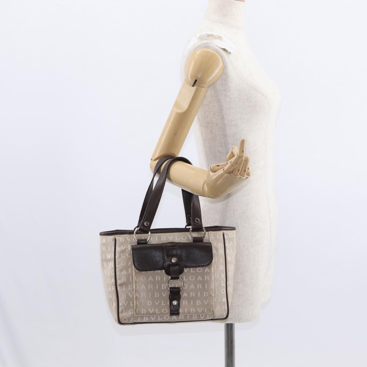 BVLGARI Logo Mania Hand Bag Canvas Beige Silver Auth 156135