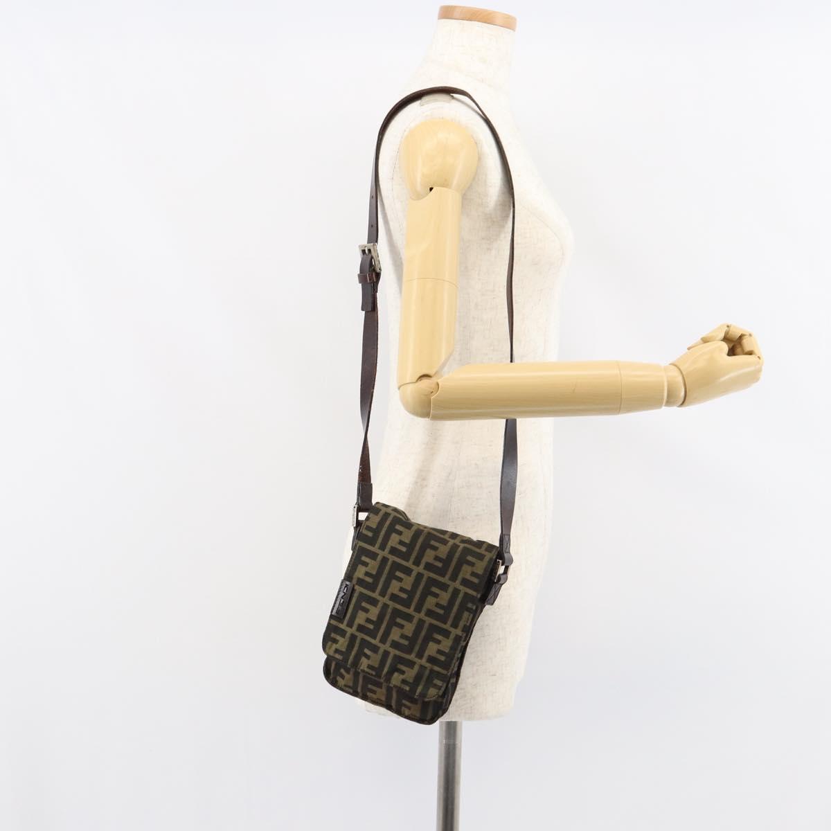 FENDI Zucca Canvas Shoulder Bag Black Brown Auth 156141