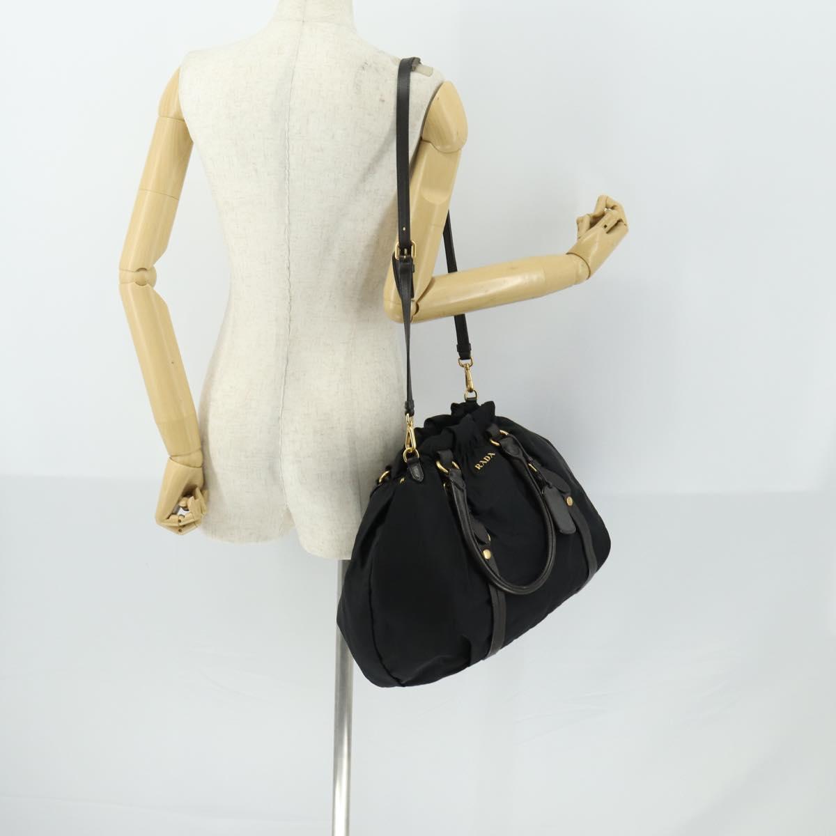 PRADA Hand Bag Nylon Leather 2way Black Gold Auth 156149