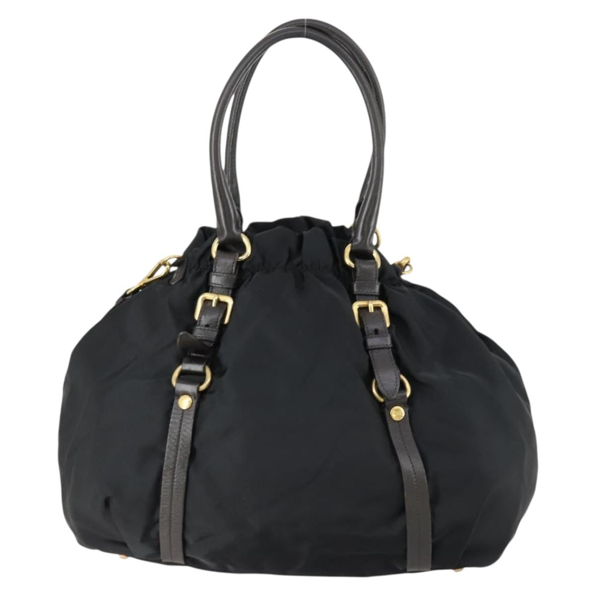 PRADA Hand Bag Nylon Leather 2way Black Gold Auth 156149