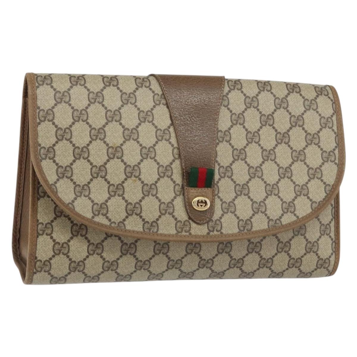 GUCCI GG Supreme Web Sherry Line Clutch Bag PVC Beige Gold 89 01 031 Auth 156166