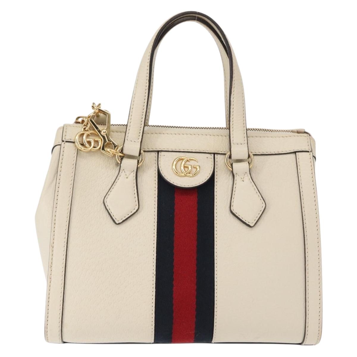GUCCI Sherry Line Ophidia Hand Bag Leather 2way White Gold 547551 Auth 156169