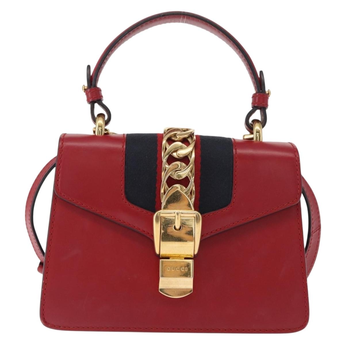 GUCCI Silvi Sherry Line Hand Bag Leather 2way Red Gold 470270 Auth 156170
