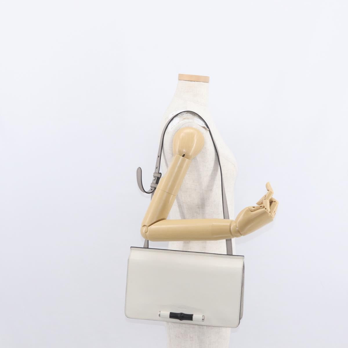 GUCCI Bamboo Shoulder Bag Leather White Silver 370817 Auth 156171