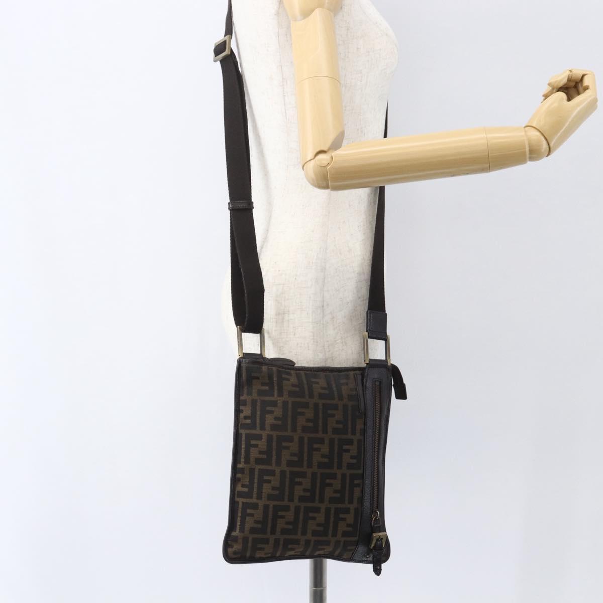 FENDI Zucca Canvas Shoulder Bag Black Brown gold Auth 156175