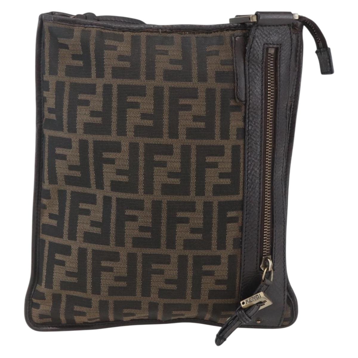 FENDI Zucca Canvas Shoulder Bag Black Brown gold Auth 156175