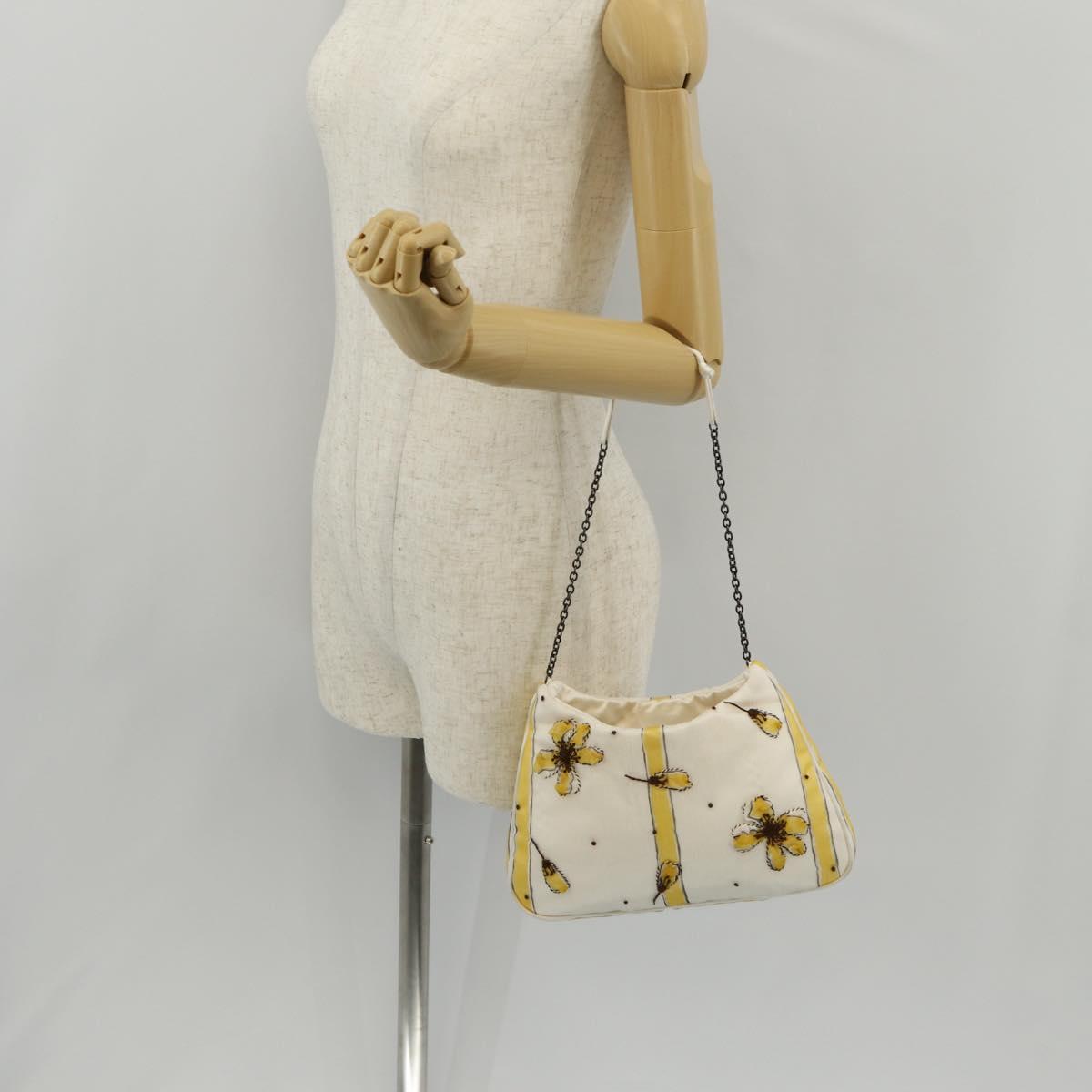 PRADA Chiffon Anemone Chain Shoulder Bag Silk White Auth 156180V