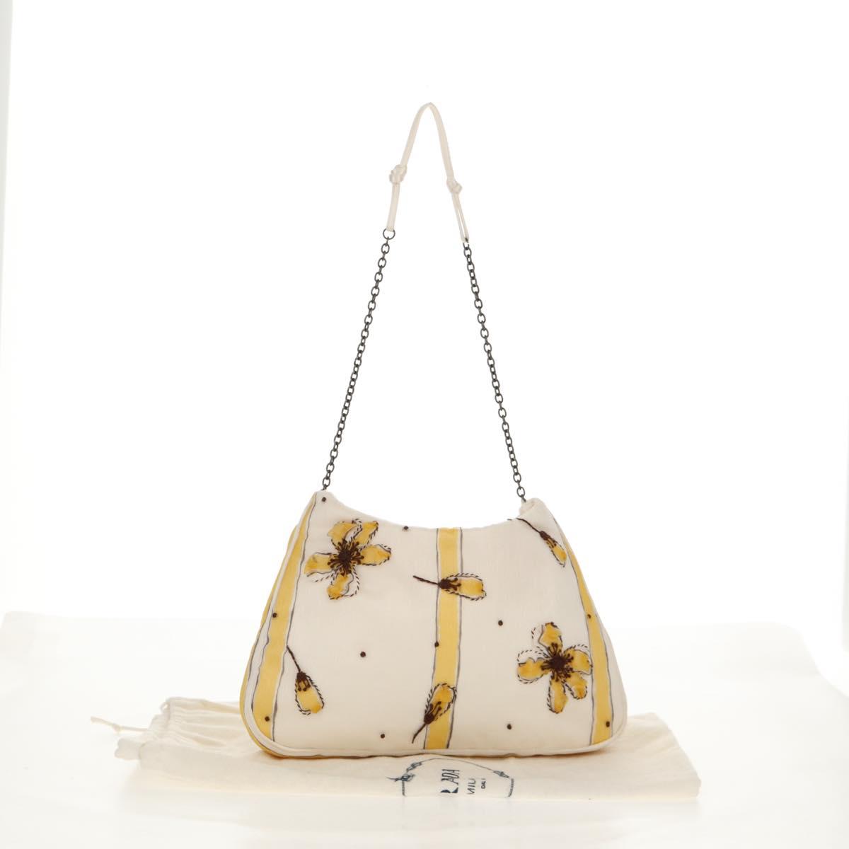PRADA Chiffon Anemone Chain Shoulder Bag Silk White Auth 156180V