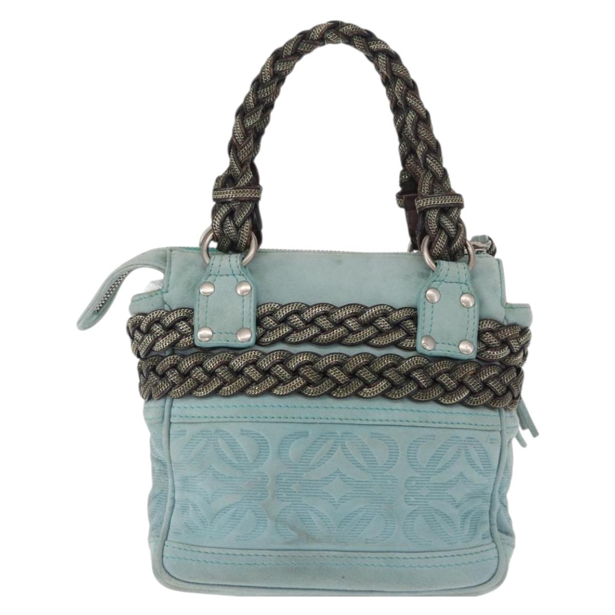LOEWE Anagram Hand Bag Suede Turquoise Blue Silver Auth 156184