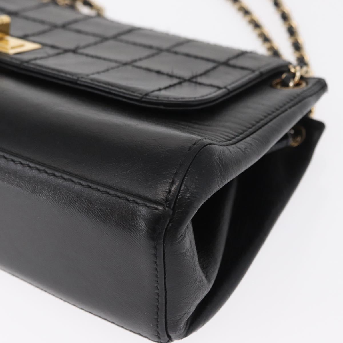 CHANEL Choco Bar Chain Shoulder Bag Lamb Skin Black Gold CC Auth 156186