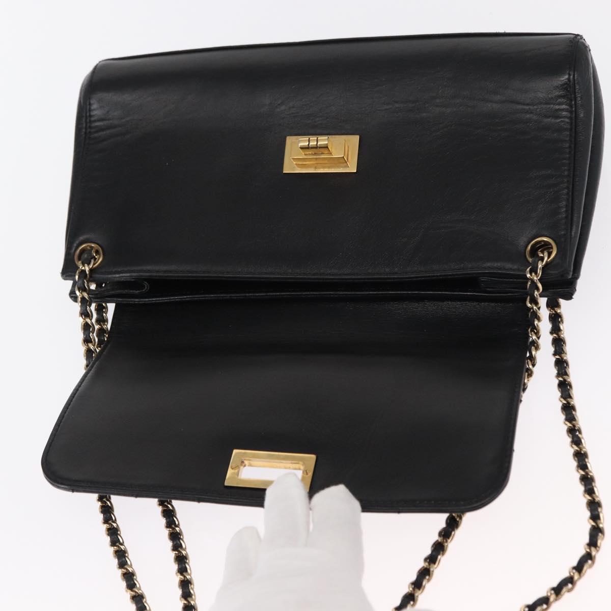 CHANEL Choco Bar Chain Shoulder Bag Lamb Skin Black Gold CC Auth 156186