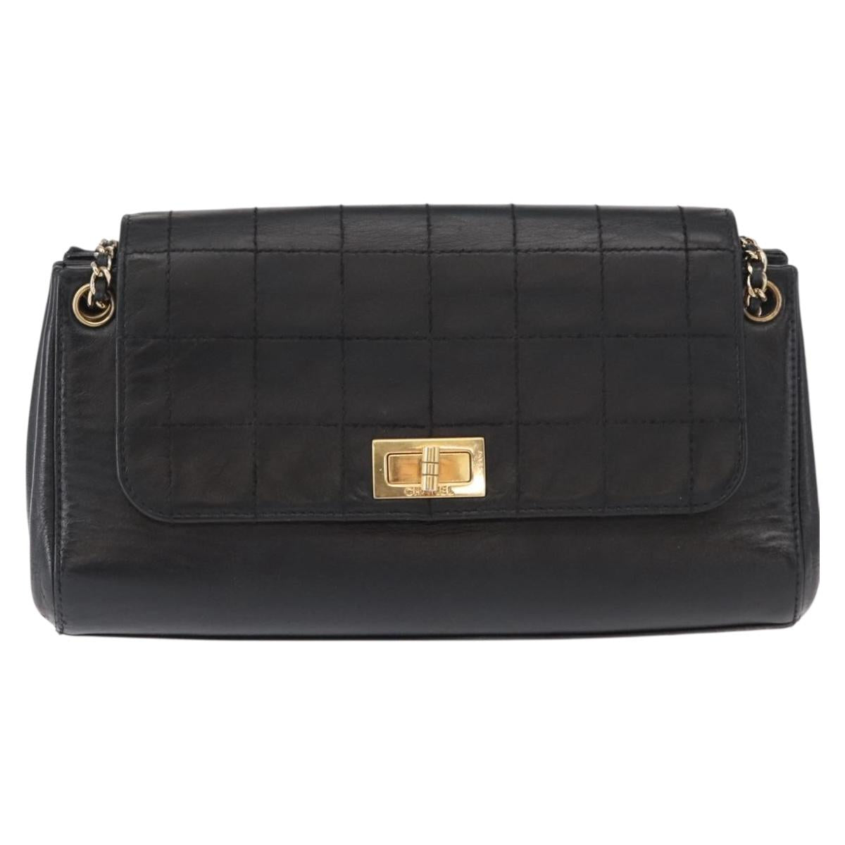 CHANEL Choco Bar Chain Shoulder Bag Lamb Skin Black Gold CC Auth 156186