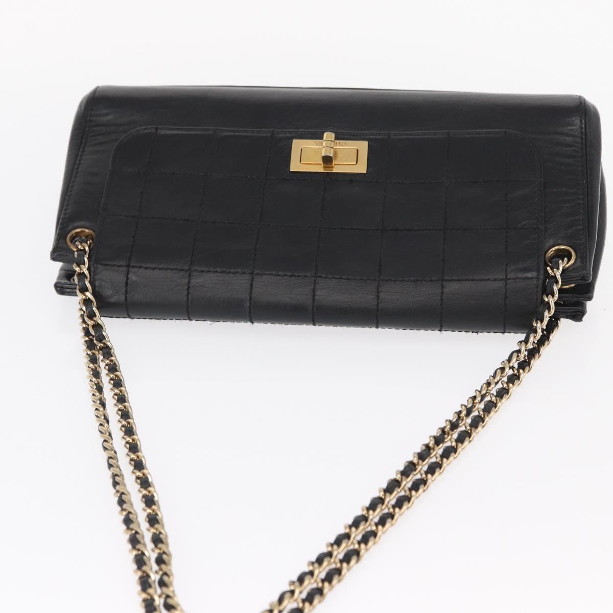 CHANEL Choco Bar Chain Shoulder Bag Lamb Skin Black Gold CC Auth 156186