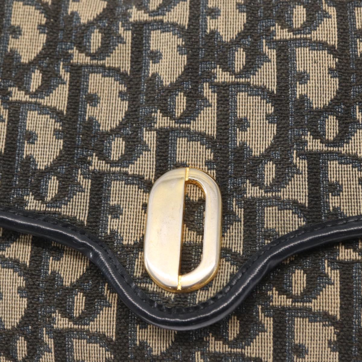 Christian Dior Trotter Canvas Chain Shoulder Bag Navy Gold Auth 156241