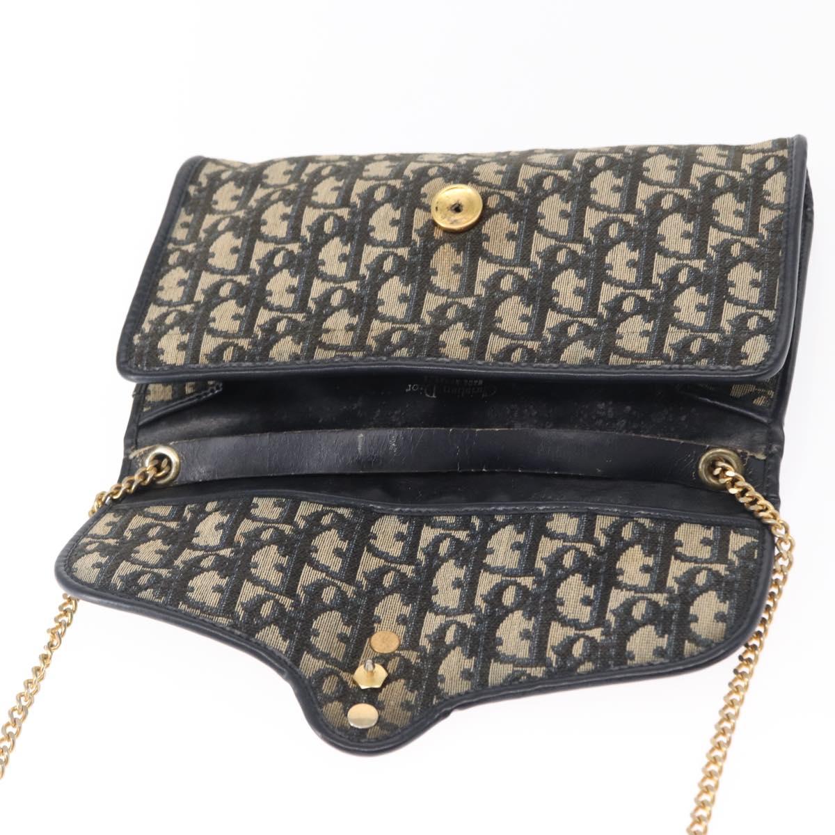 Christian Dior Trotter Canvas Chain Shoulder Bag Navy Gold Auth 156241
