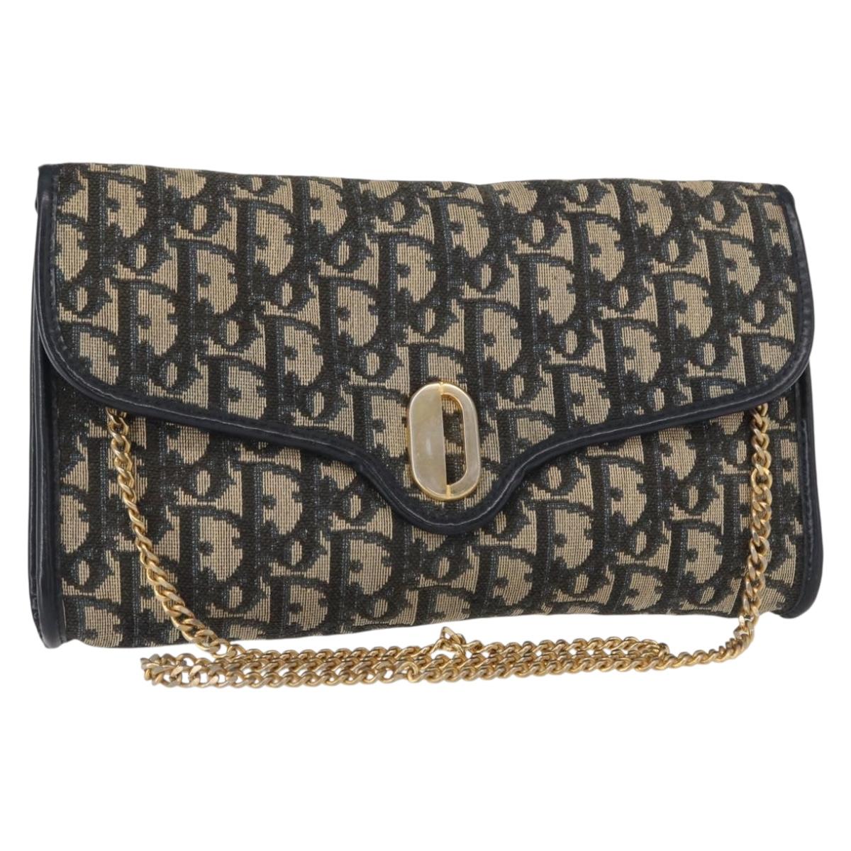 Christian Dior Trotter Canvas Chain Shoulder Bag Navy Gold Auth 156241