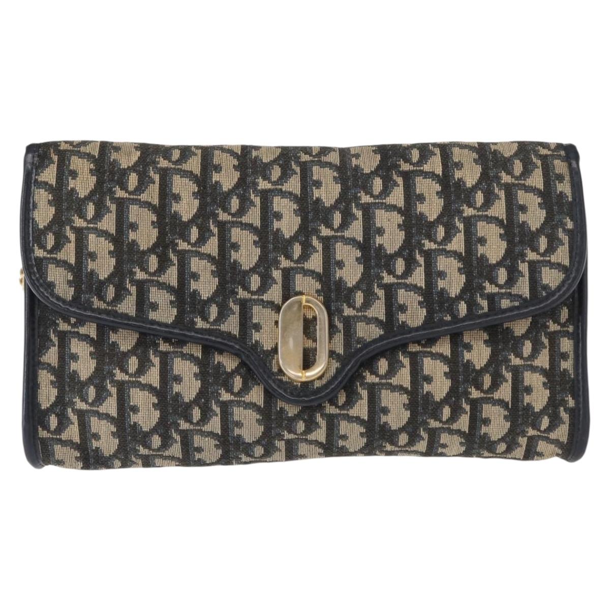 Christian Dior Trotter Canvas Chain Shoulder Bag Navy Gold Auth 156241