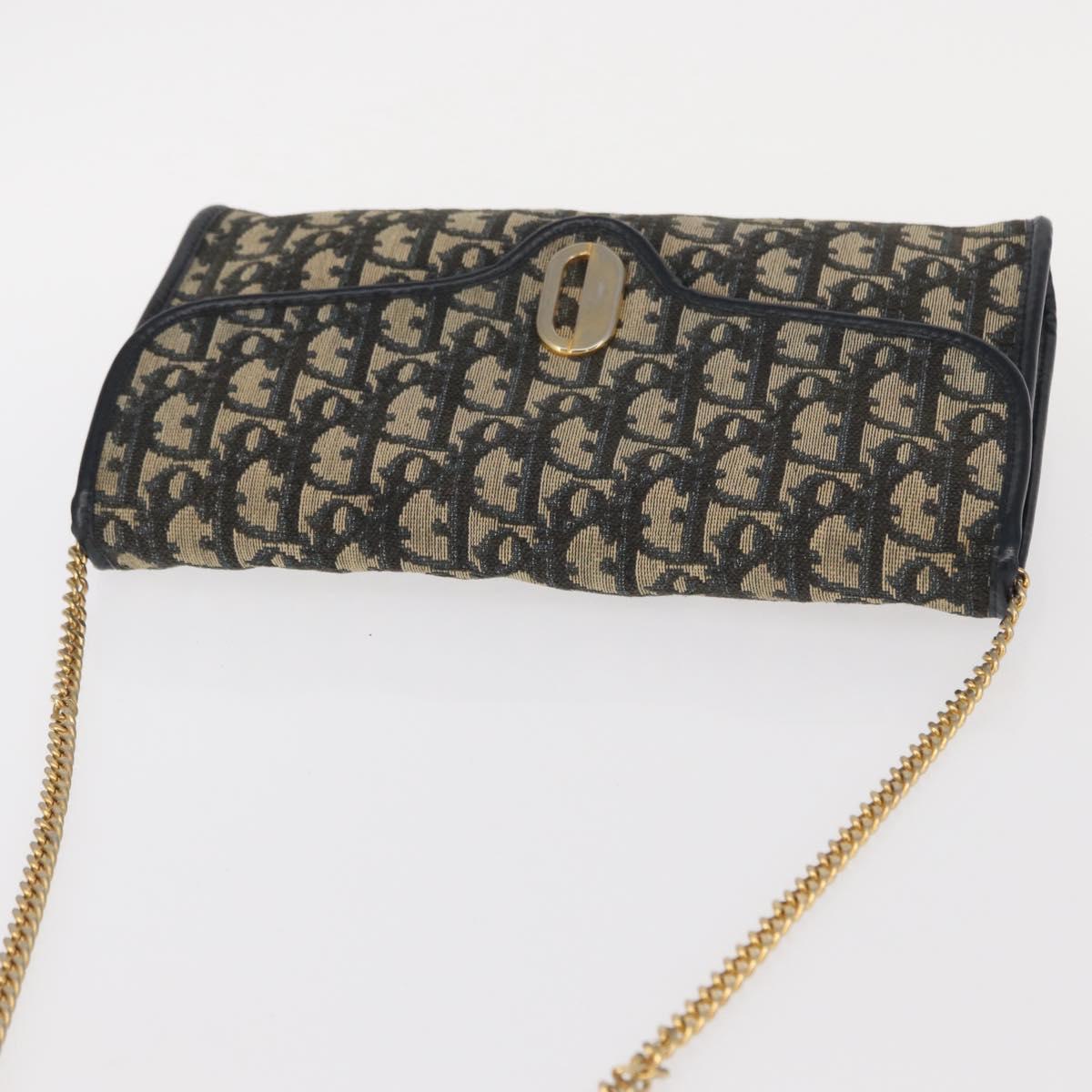 Christian Dior Trotter Canvas Chain Shoulder Bag Navy Gold Auth 156241