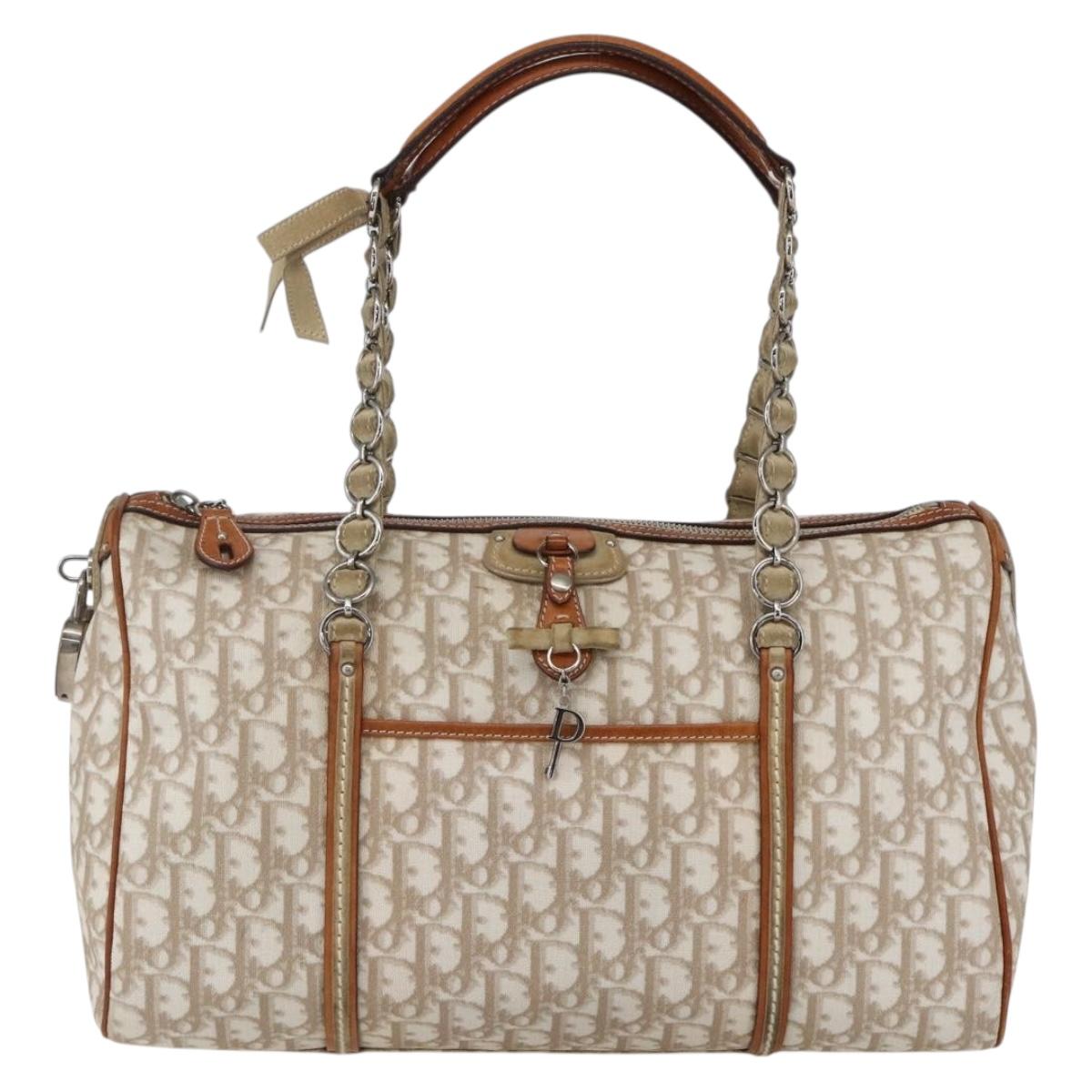 Christian Dior Trotter Canvas Romantic Chain Bag PVC Beige Silver Auth 156248