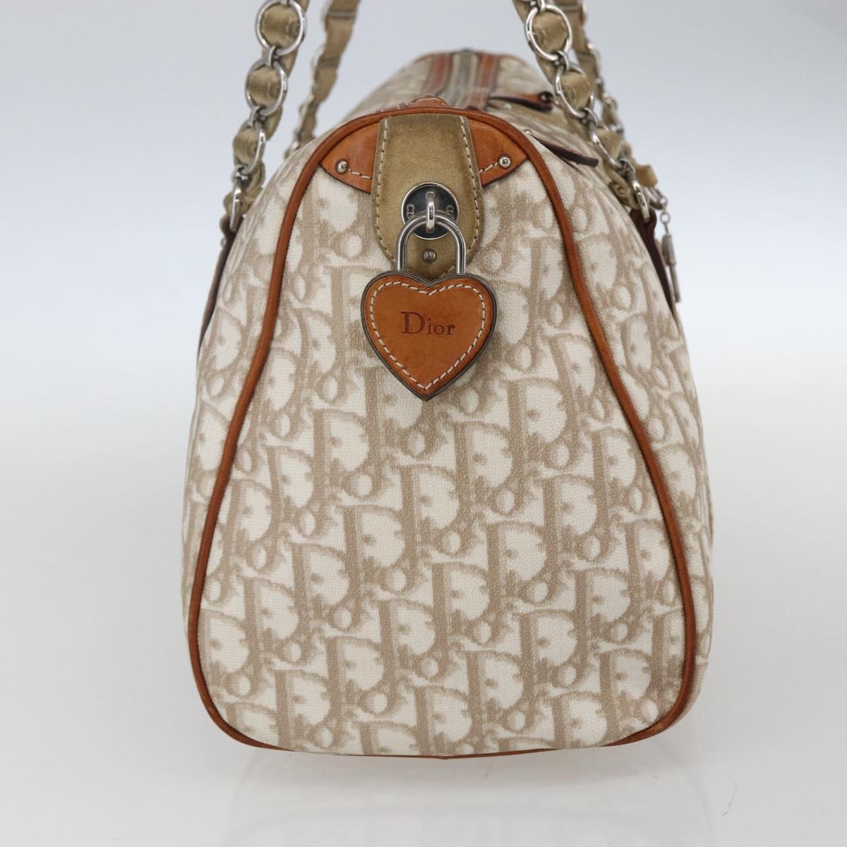 Christian Dior Trotter Canvas Romantic Chain Bag PVC Beige Silver Auth 156248