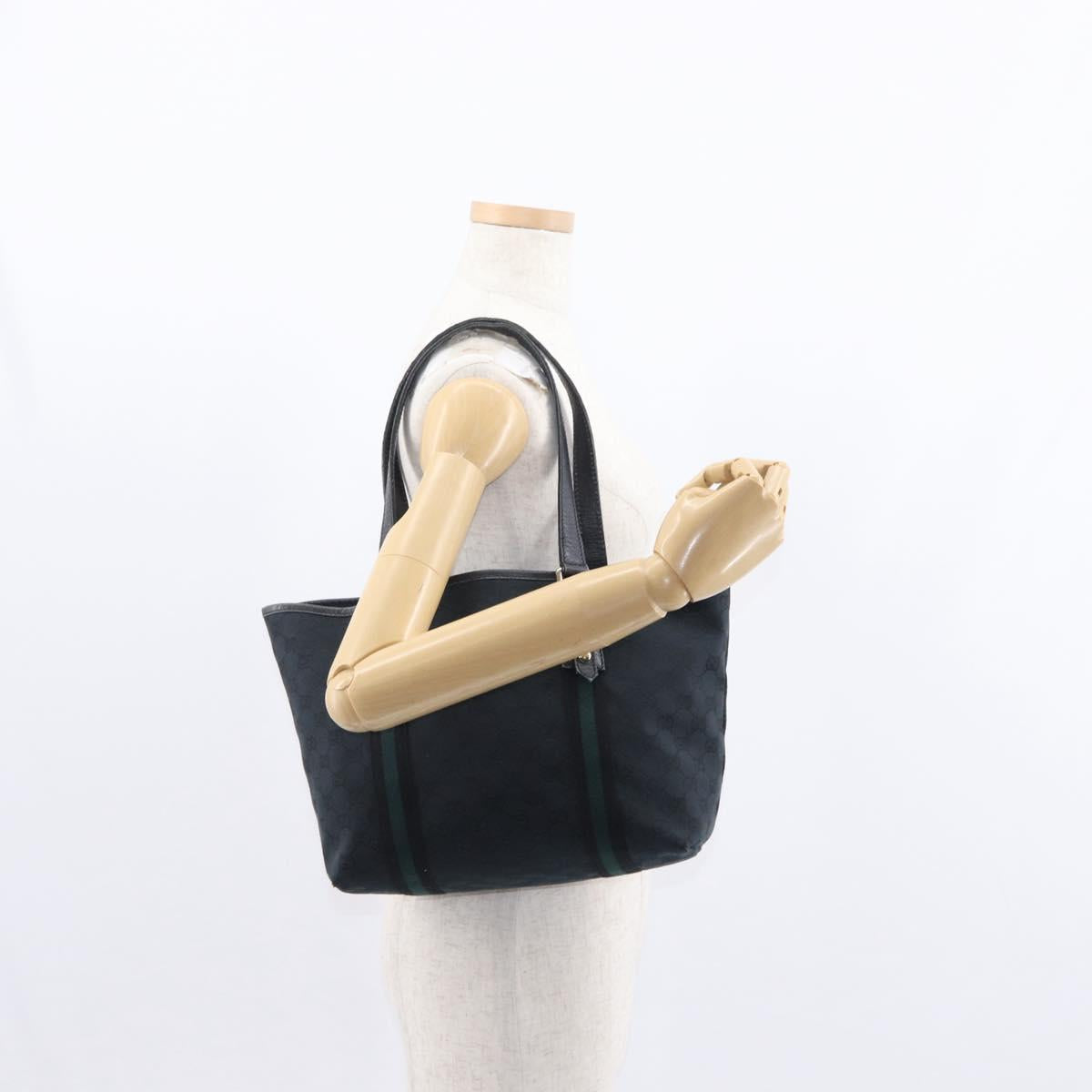 GUCCI GG Canvas Web Sherry Line Tote Bag Black Silver 137396 Auth 156253