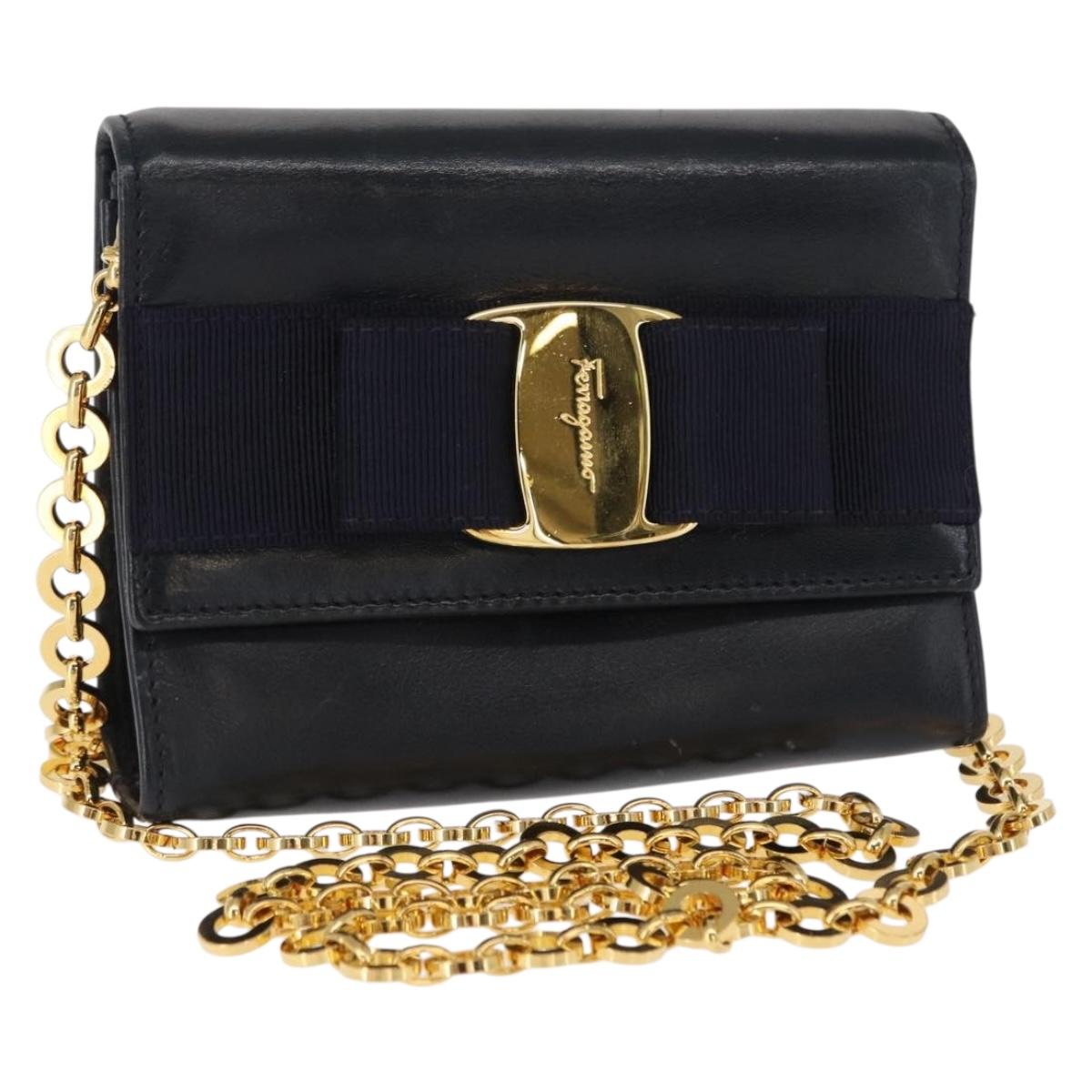 Salvatore Ferragamo Shoulder Bag Leather Navy Gold Auth 156321