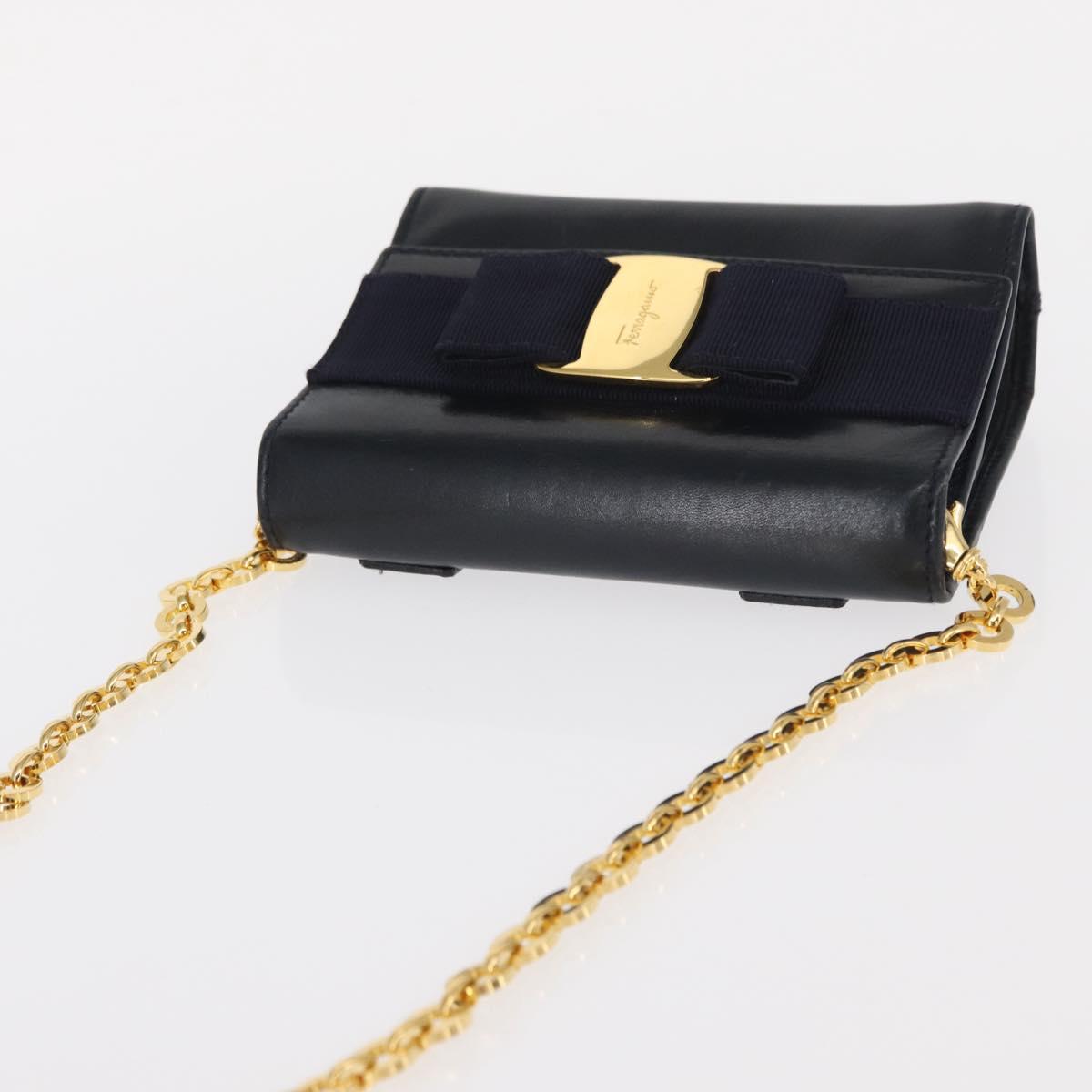 Salvatore Ferragamo Shoulder Bag Leather Navy Gold Auth 156321