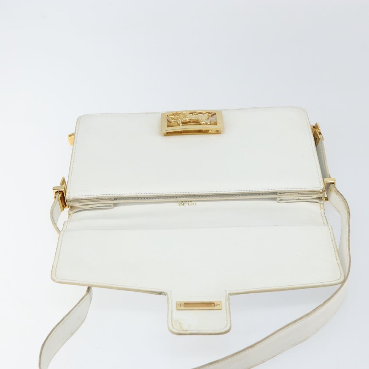 CELINE Shoulder Bag Leather White Gold Auth 156322