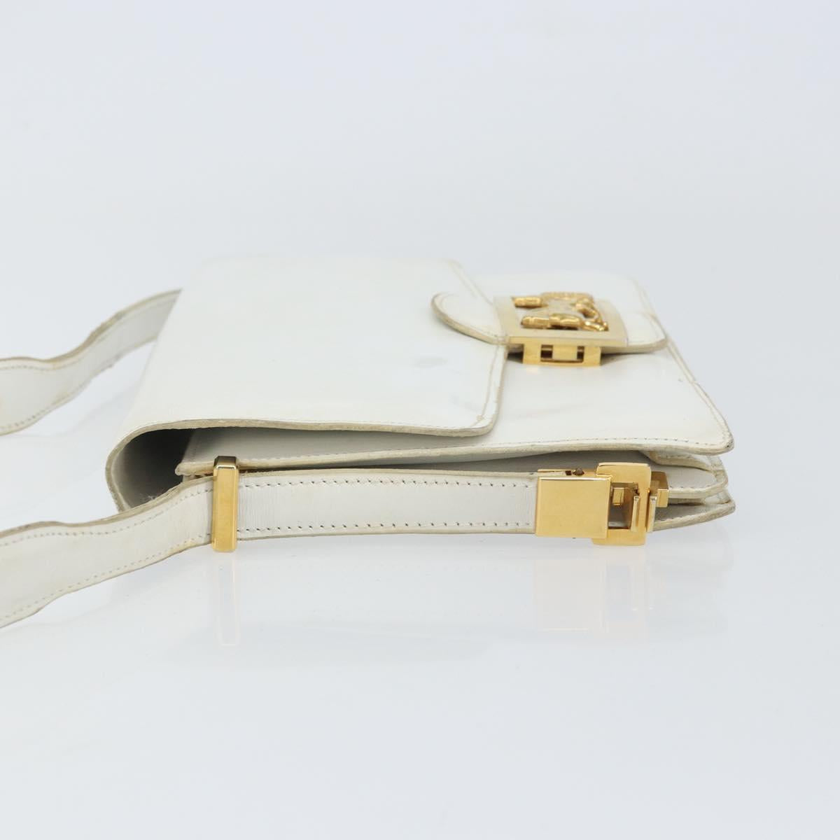 CELINE Shoulder Bag Leather White Gold Auth 156322