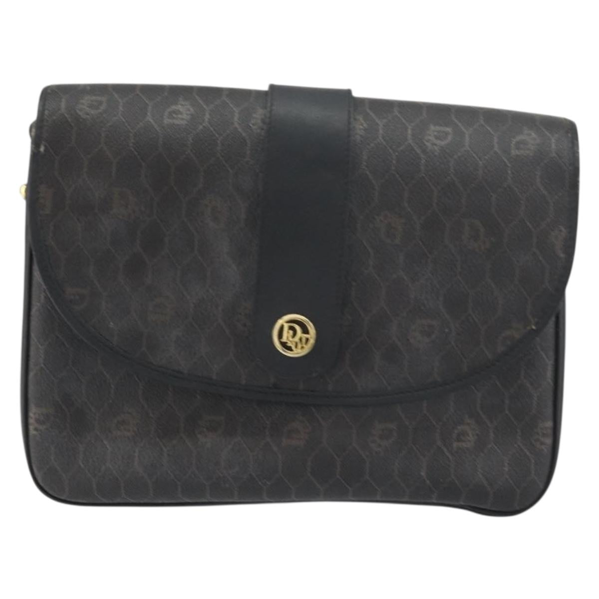 Christian Dior Honeycomb Canvas Shoulder Bag PVC Black Gold Auth 156324