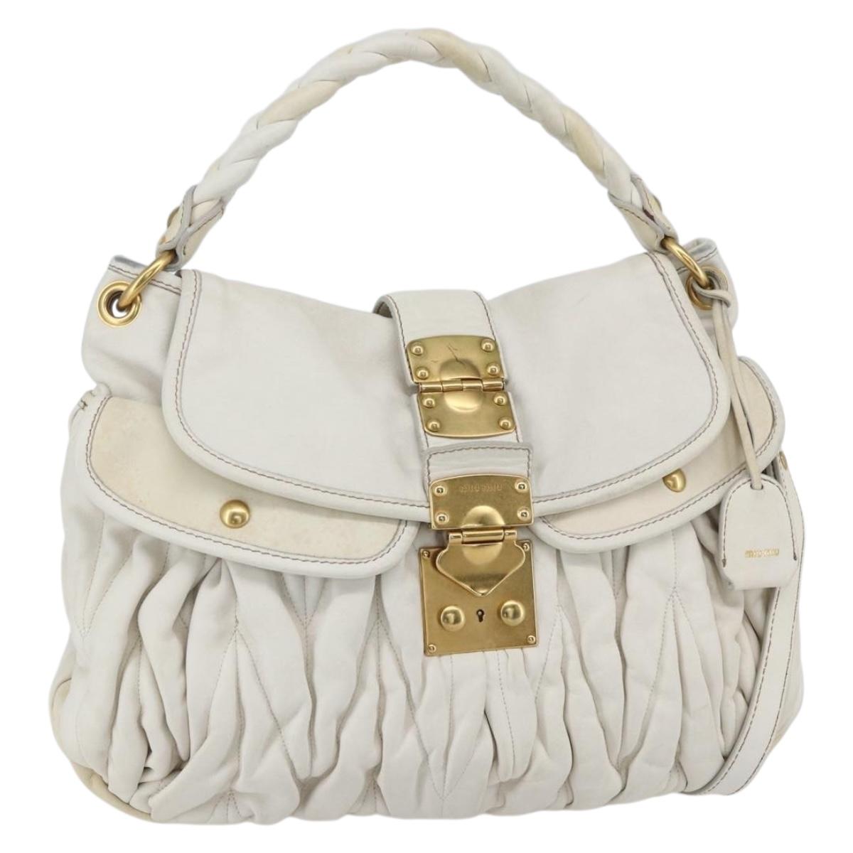 Miu Miu Matelasse Hand Bag Leather 2way White Gold Auth 156334