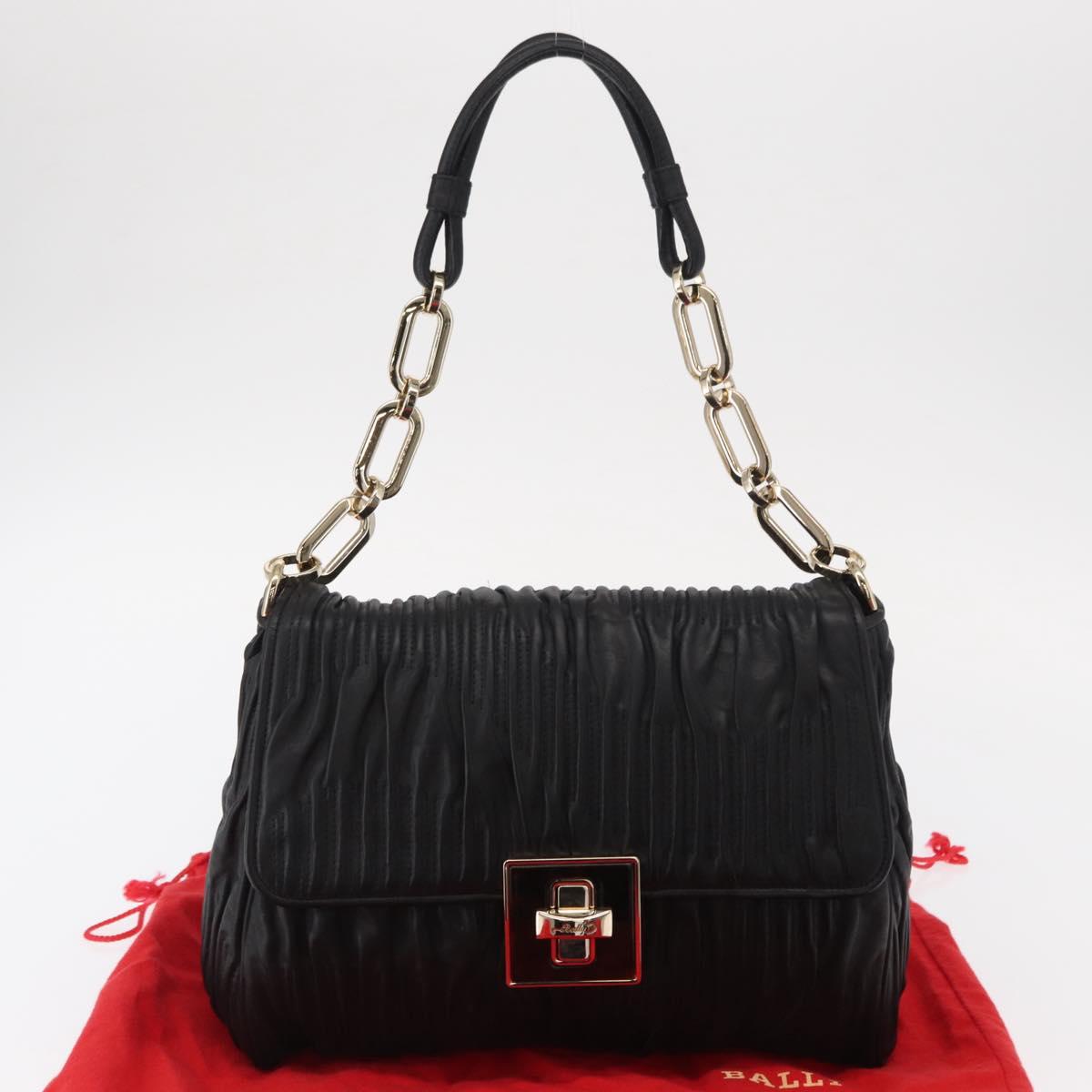 BALLY Chain Shoulder Bag Leather Black Gold Auth 156337