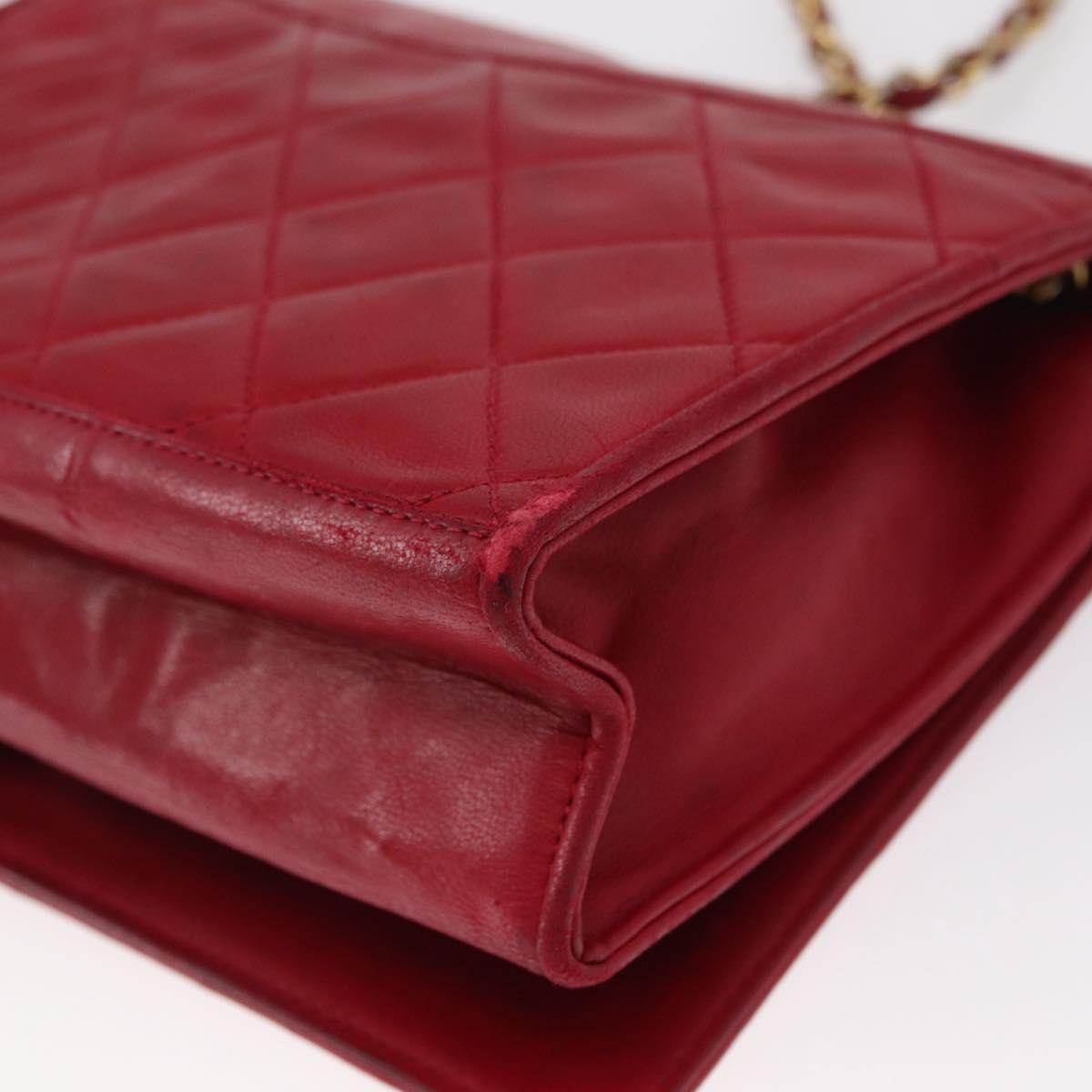 CHANEL Matelasse Chain Shoulder Bag Lamb Skin Red Gold CC Auth 156350
