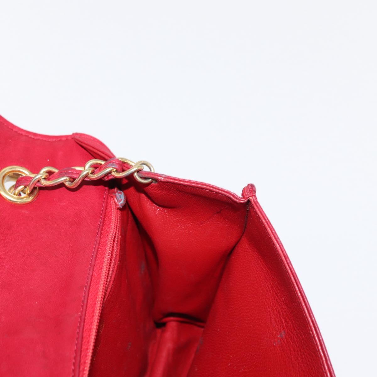 CHANEL Matelasse Chain Shoulder Bag Lamb Skin Red Gold CC Auth 156350