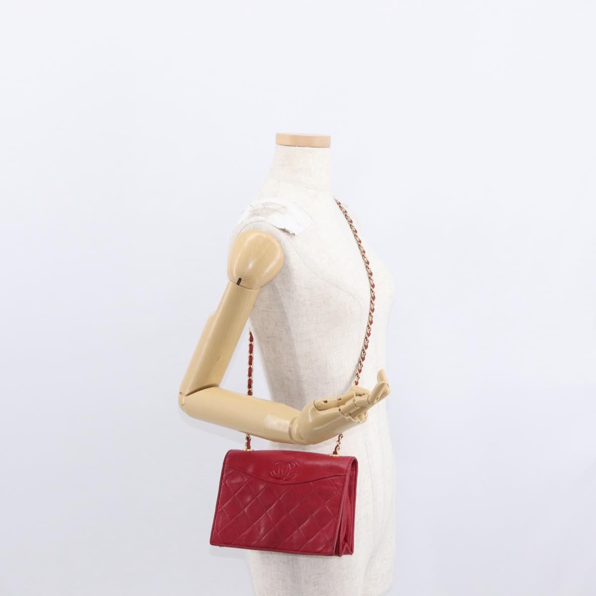 CHANEL Matelasse Chain Shoulder Bag Lamb Skin Red Gold CC Auth 156350