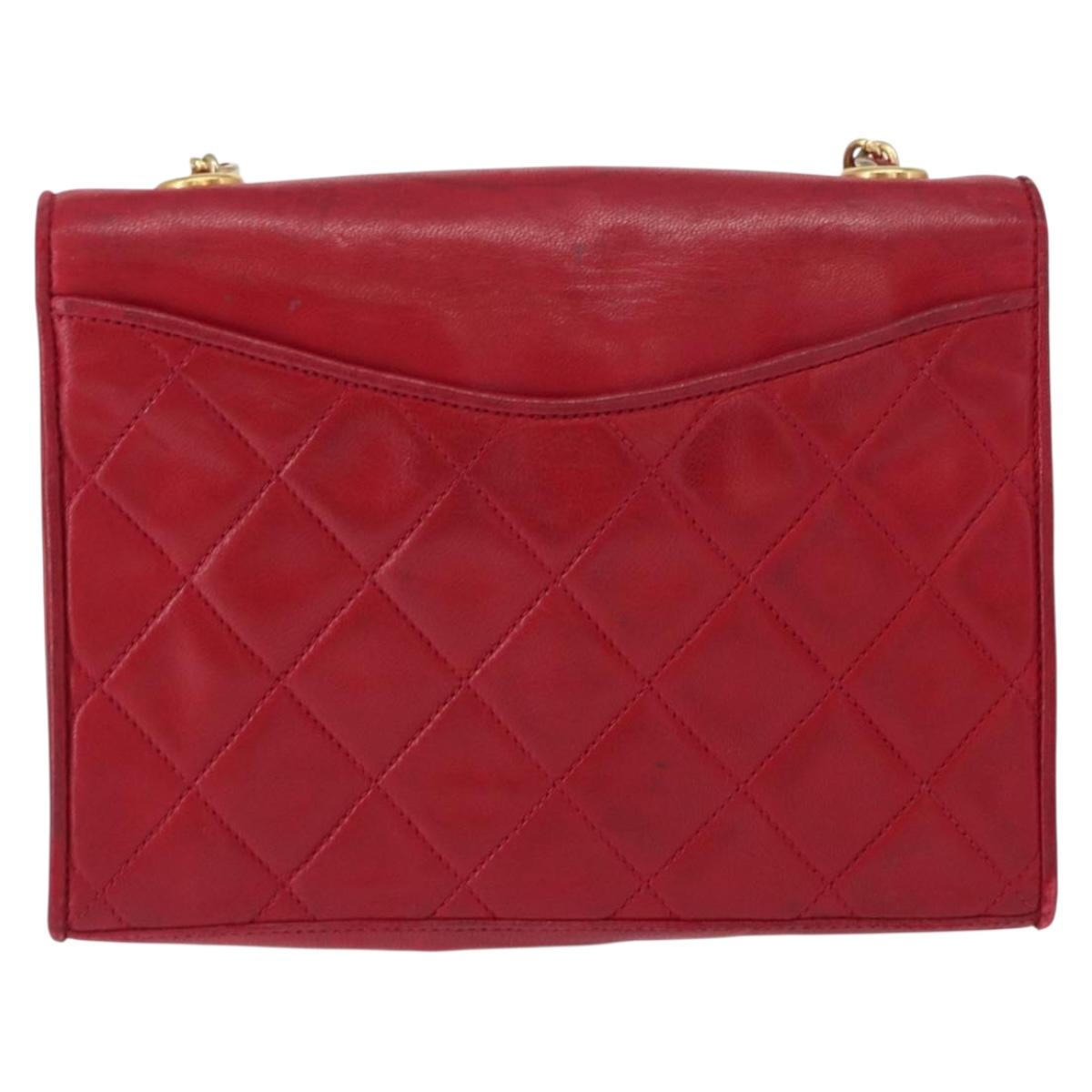 CHANEL Matelasse Chain Shoulder Bag Lamb Skin Red Gold CC Auth 156350