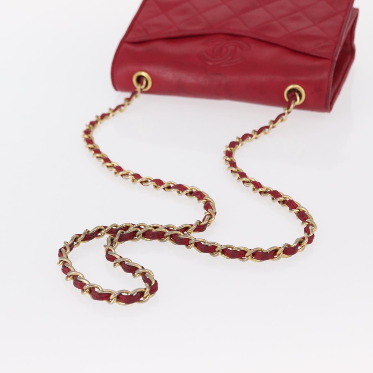 CHANEL Matelasse Chain Shoulder Bag Lamb Skin Red Gold CC Auth 156350