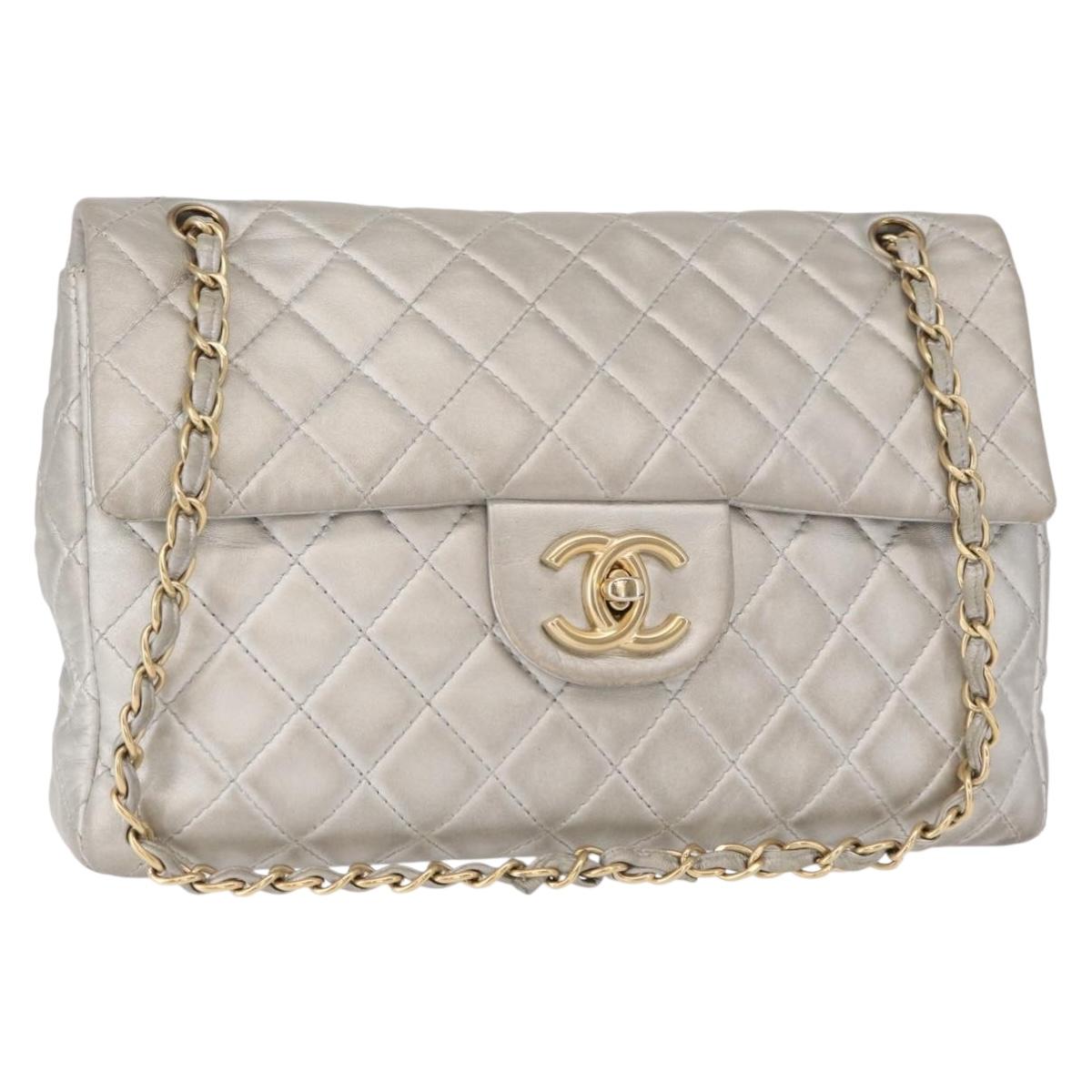 CHANEL Jumbo Matelasse Chain Shoulder Bag Lamb Skin Silver CC Auth 156351V