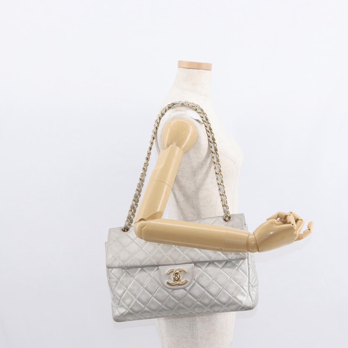 CHANEL Jumbo Matelasse Chain Shoulder Bag Lamb Skin Silver CC Auth 156351V
