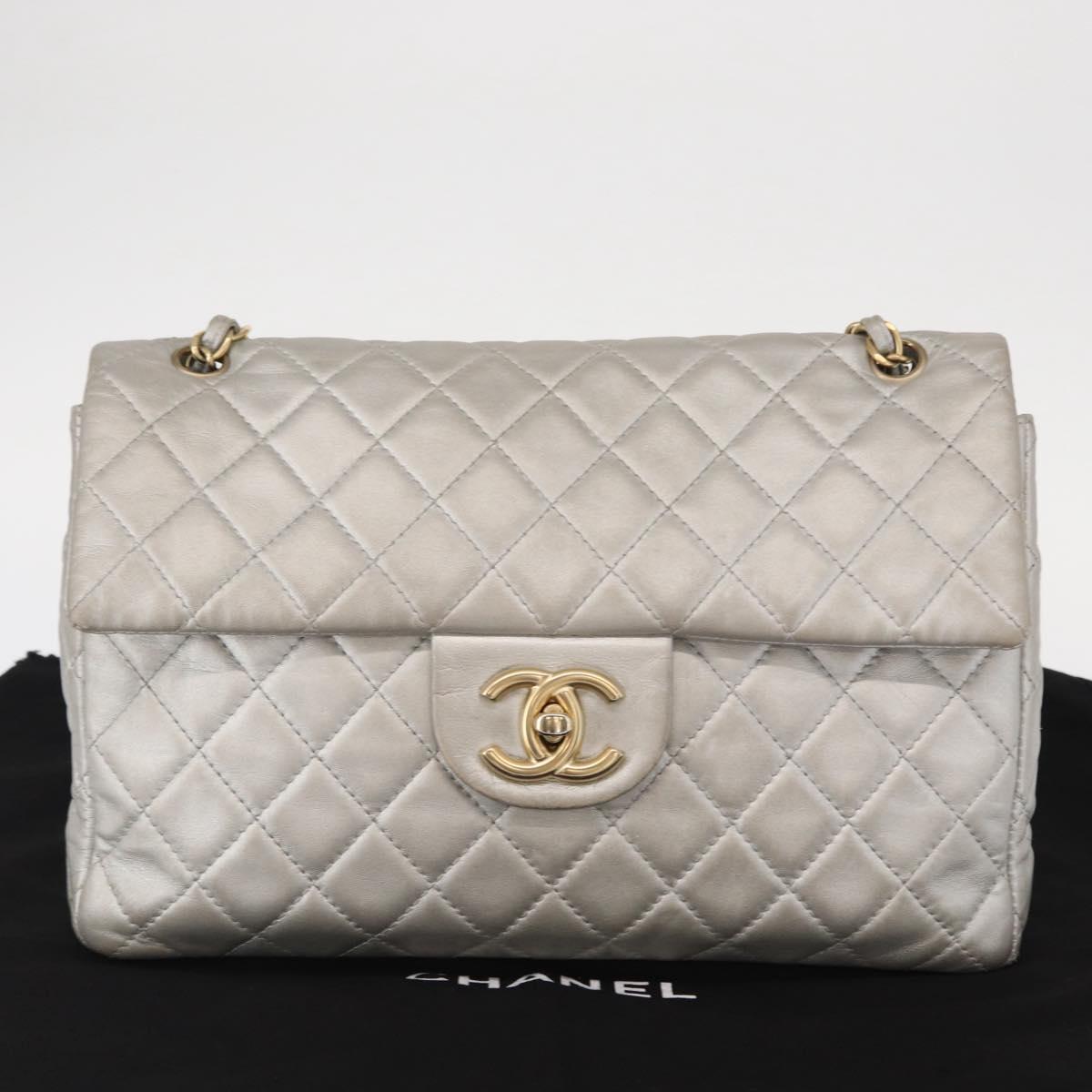 CHANEL Jumbo Matelasse Chain Shoulder Bag Lamb Skin Silver CC Auth 156351V