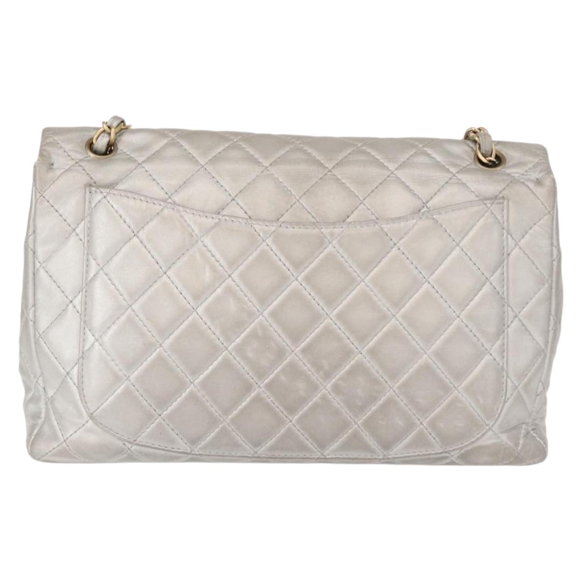 CHANEL Jumbo Matelasse Chain Shoulder Bag Lamb Skin Silver CC Auth 156351V