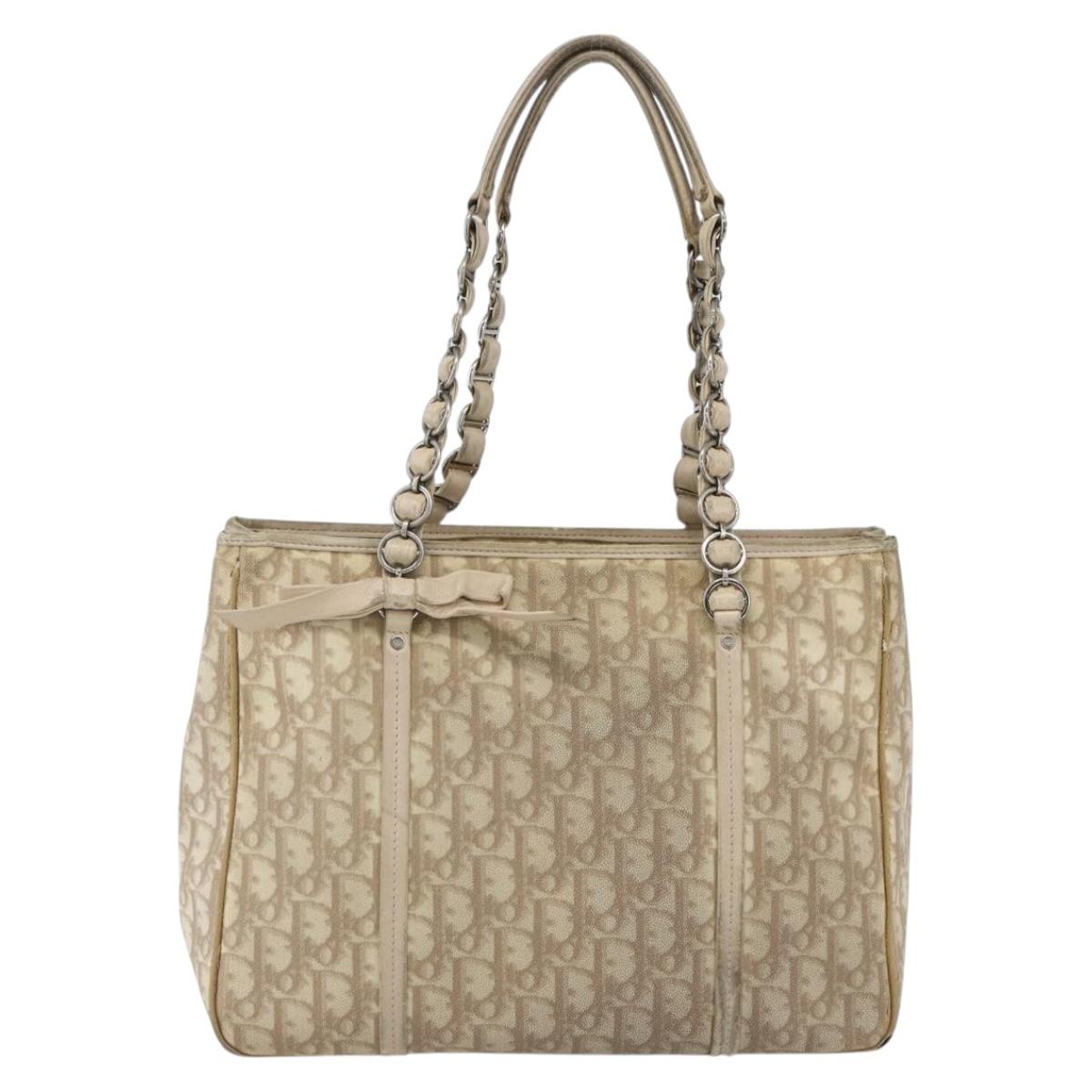 Christian Dior Trotter Canvas Romantic Hand Bag PVC Beige Silver Auth 156376