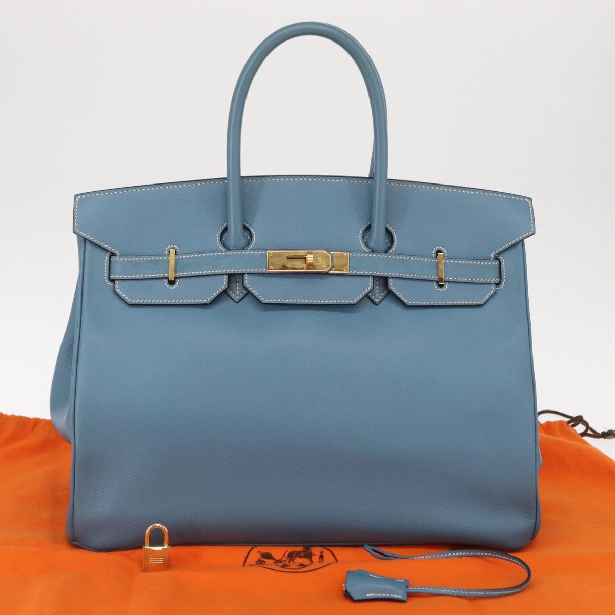 HERMES Birkin 35 Hand Bag Epsom Embossed Light Blue Gold Auth 156385SM